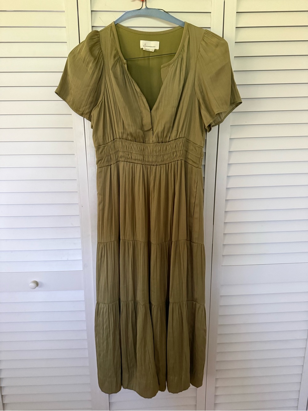 Anthropologie Olive Green Tiered V-Neck Maxi Dress